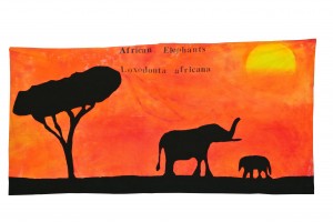  African Elephant by Declan O, Luca H, Noah G, and Talia B, Ms Rabina's 6th grade class, Thomas Starr King Middle School, 2013. Fabric paint, rubber stamps, and felt applique.
