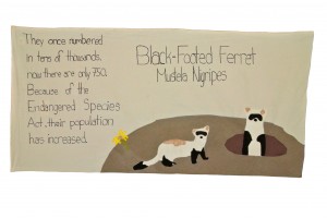 Black Footed Ferret by Zoe, Anna, Dhea, and Kota. Felt and fabric applique with hand lettering. Mr Harada's 2013 class
