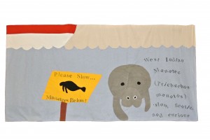 West Indian Manatee (Trichechus manatus) by Becca F, Bethany S, Cameron R, and Stella K, Ms Rabina's 6th grade class, Thomas Starr King, 2013. Fabric applique and rubber stamps.