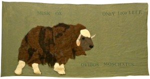 Musk Ox by Daniel, Gerardo, Ramiro, and Joshua. Ms Rabina's 6th grad class, Thomas Starr King Middle School, 2014. Fabric appliqué with needle felting, and rubber stamps.